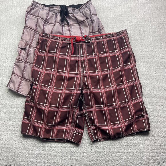 Lot x2 Y2K Burnside Cargo Board Shorts Men' L Red & Pink Plaid Surf Beach Summer - Picture 4 of 10